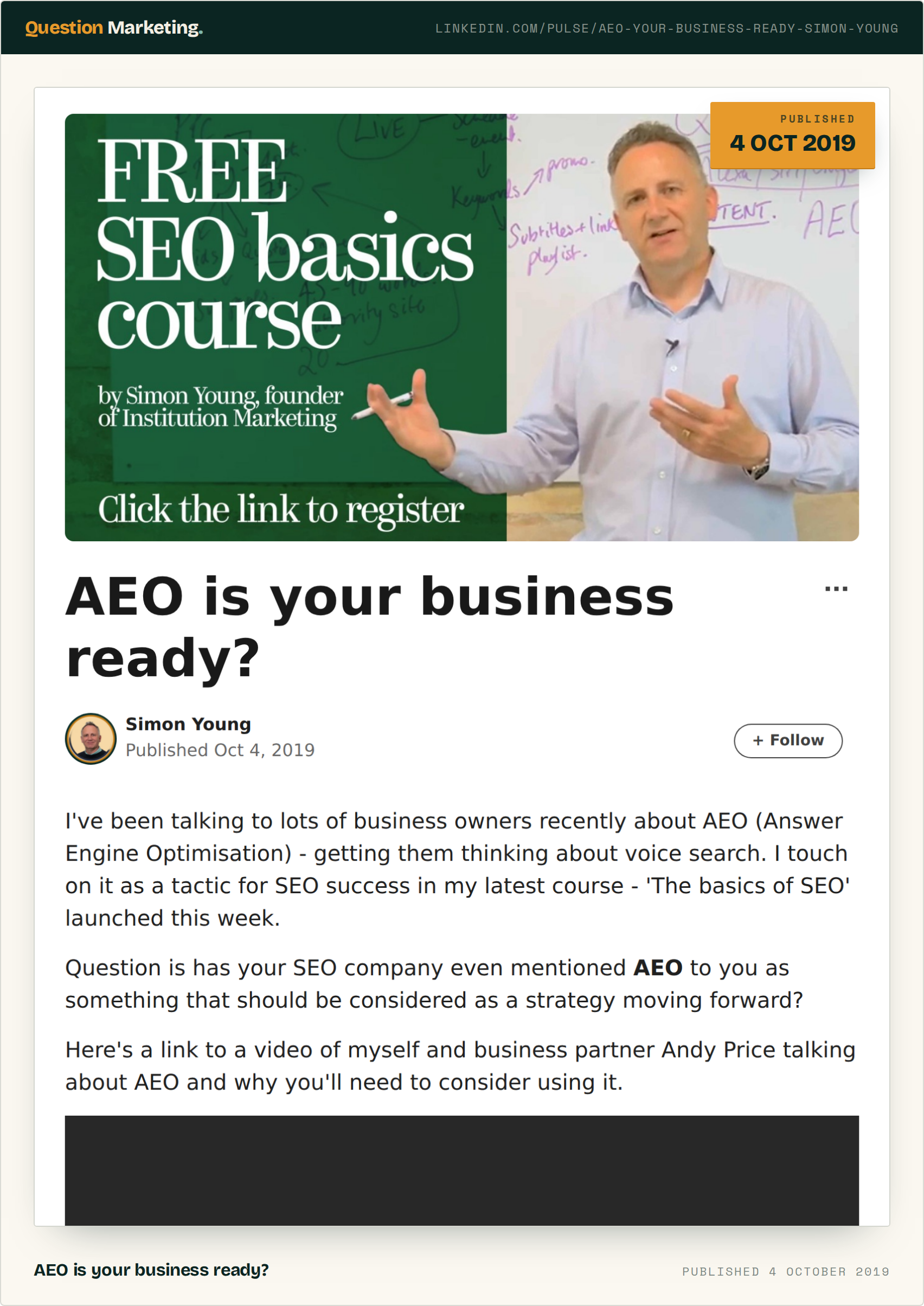 LinkedIn article “AEO is your business ready?” by Simon Young, published 4 October 2019