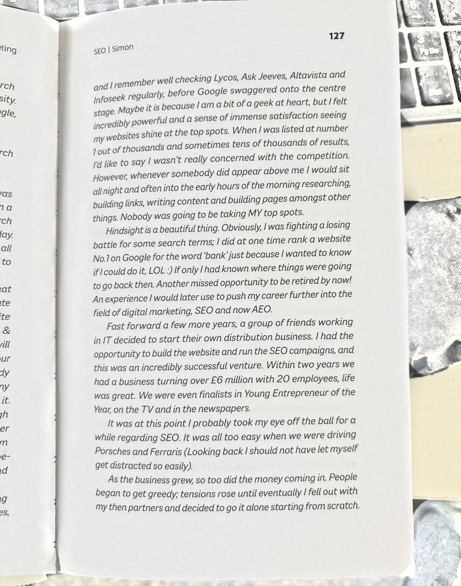 Page 127: push my career further into the field of digital marketing, SEO and now AEO