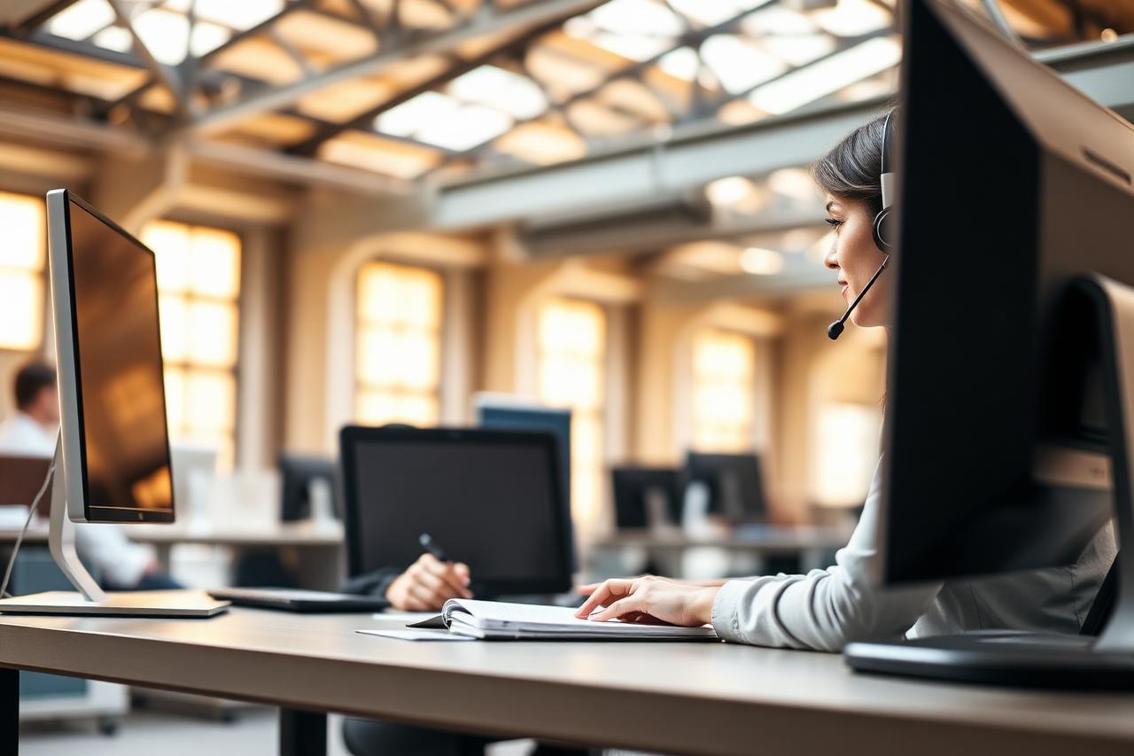 Recruitment consultant on a call at her desk in an open-plan office