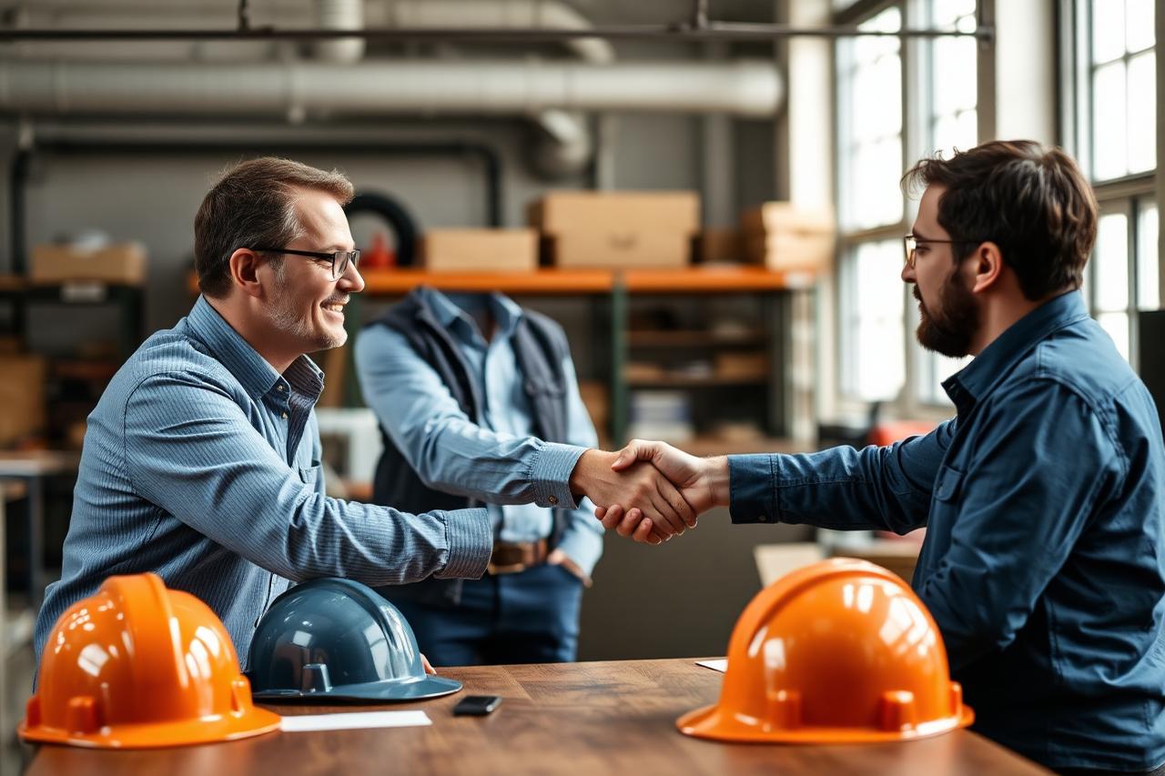Hiring manager and candidate shaking hands in an engineering workshop reception