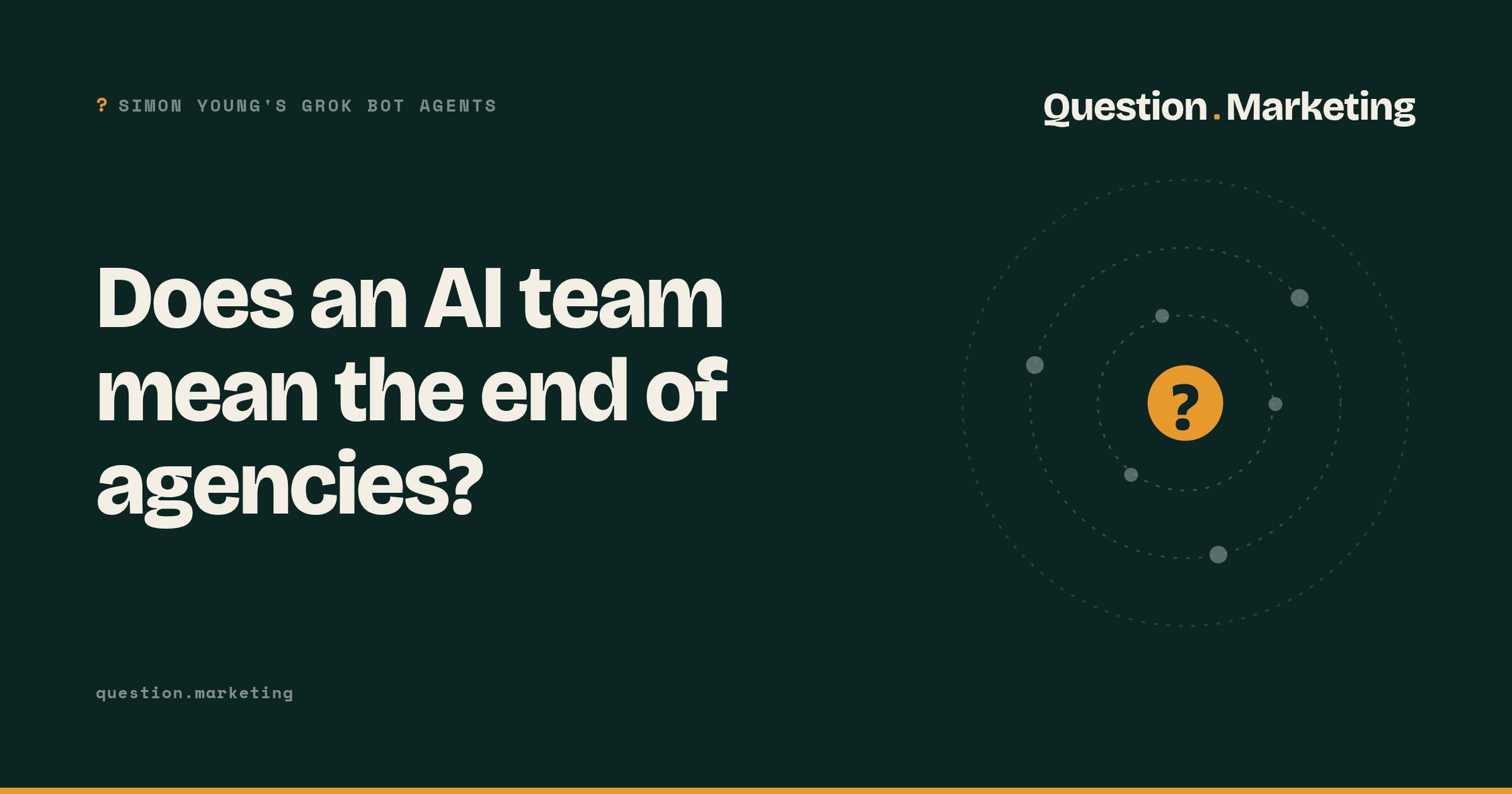 Does an AI team mean the end of agencies? Question.Marketing card in Orbit style reading "Does an AI team mean the end of agencies?" with the label "Simon Young's Grok Bot agents".