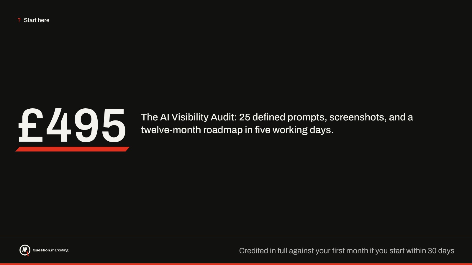 The AI Visibility Audit, £495 Question.Marketing graphic showing £495, underlined in red, for the AI Visibility Audit: 25 defined prompts, screenshots and a twelve-month roadmap in five working days.