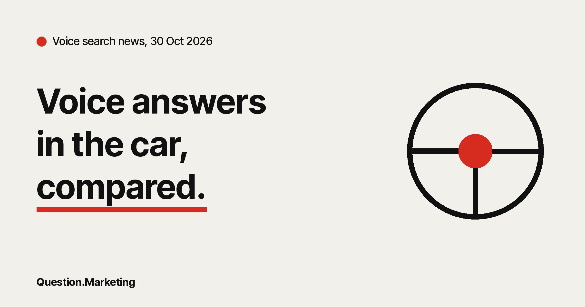 Question.Marketing card headed 'Voice search news, 30 Oct 2026' with the line 'Voice answers in the car, compared.' beside a steering wheel icon.